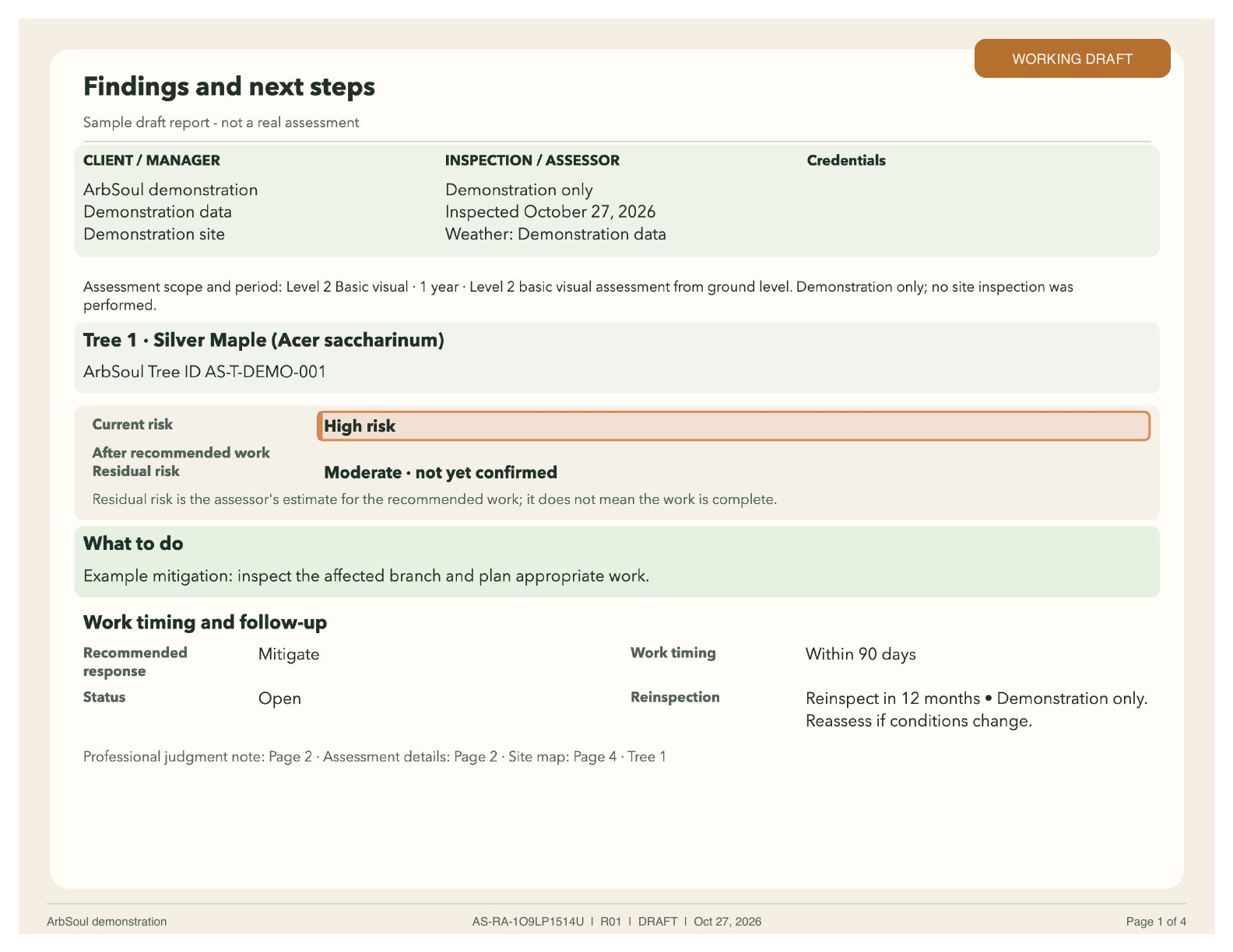 Sample draft report exported from ArbSoul with no client information